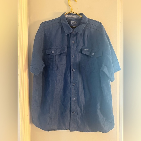 Parish XXXL Linen Cotton Blue Short Sleeve Button Up Shirt Casual Relaxed Fit - Picture 1 of 9